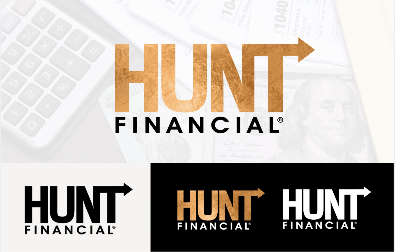 Hunt Financial logo in gold foil, black, and white treatments