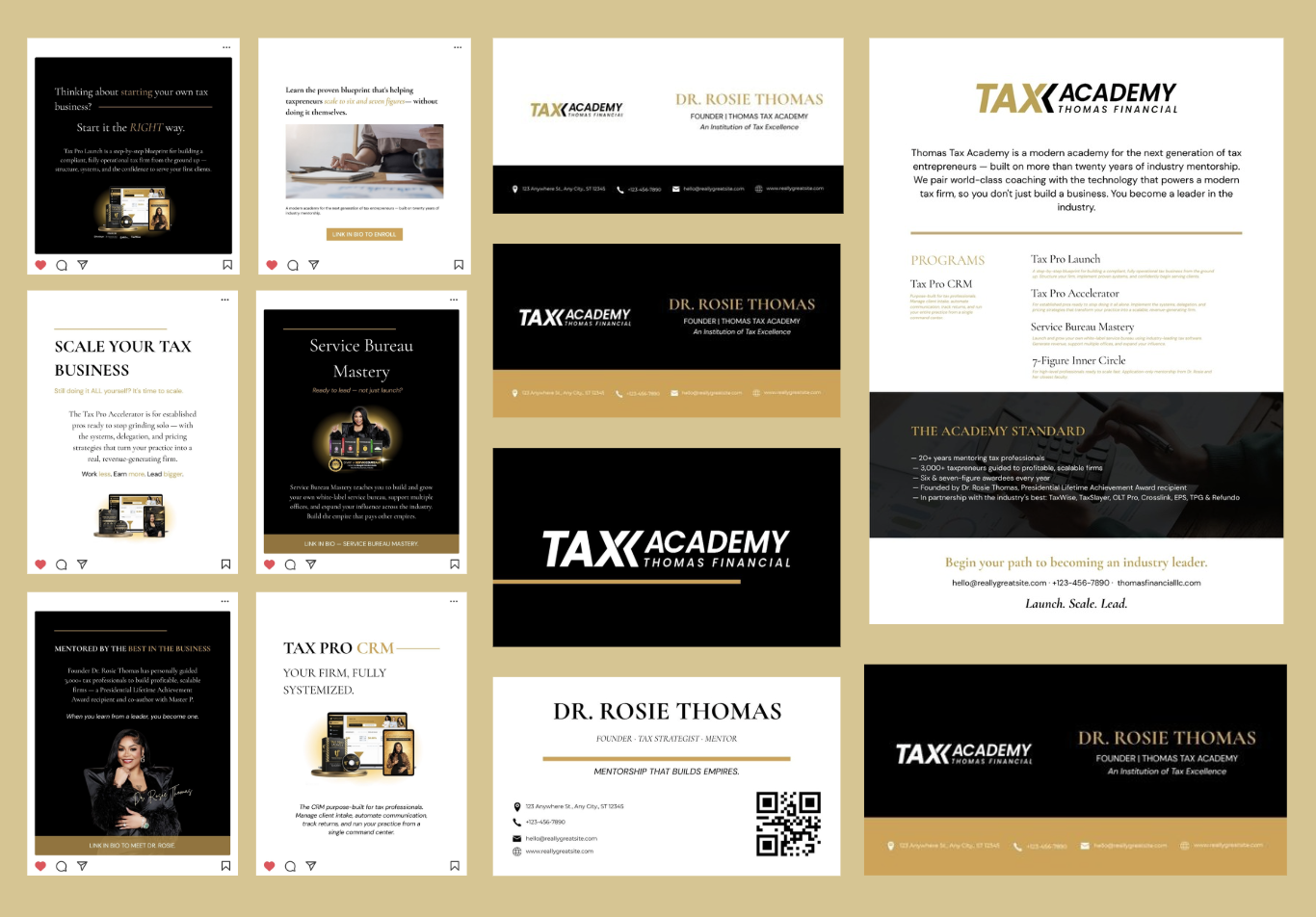 Thomas Tax Academy social posts, stationery, and program one-sheet