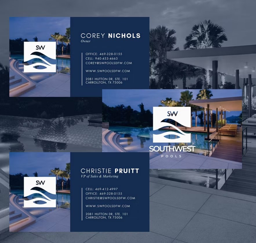 Southwest Pools business card system layered over pool photography