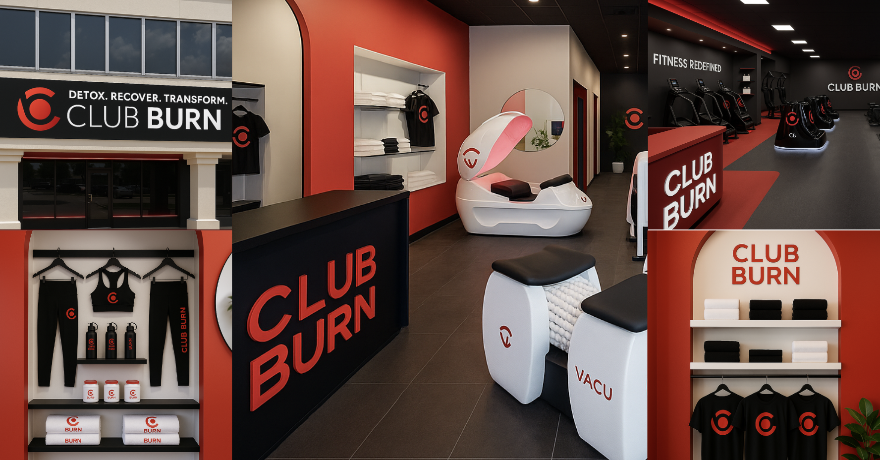 Club Burn storefront, retail, and studio interior brand application