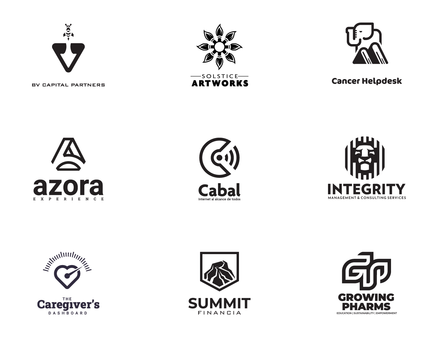 Logofolio page one — BV Capital Partners, Solstice Artworks, Cancer Helpdesk, Azora Experience, Cabal, Integrity Management, The Caregiver's Dashboard, Summit Financia, Growing Pharms