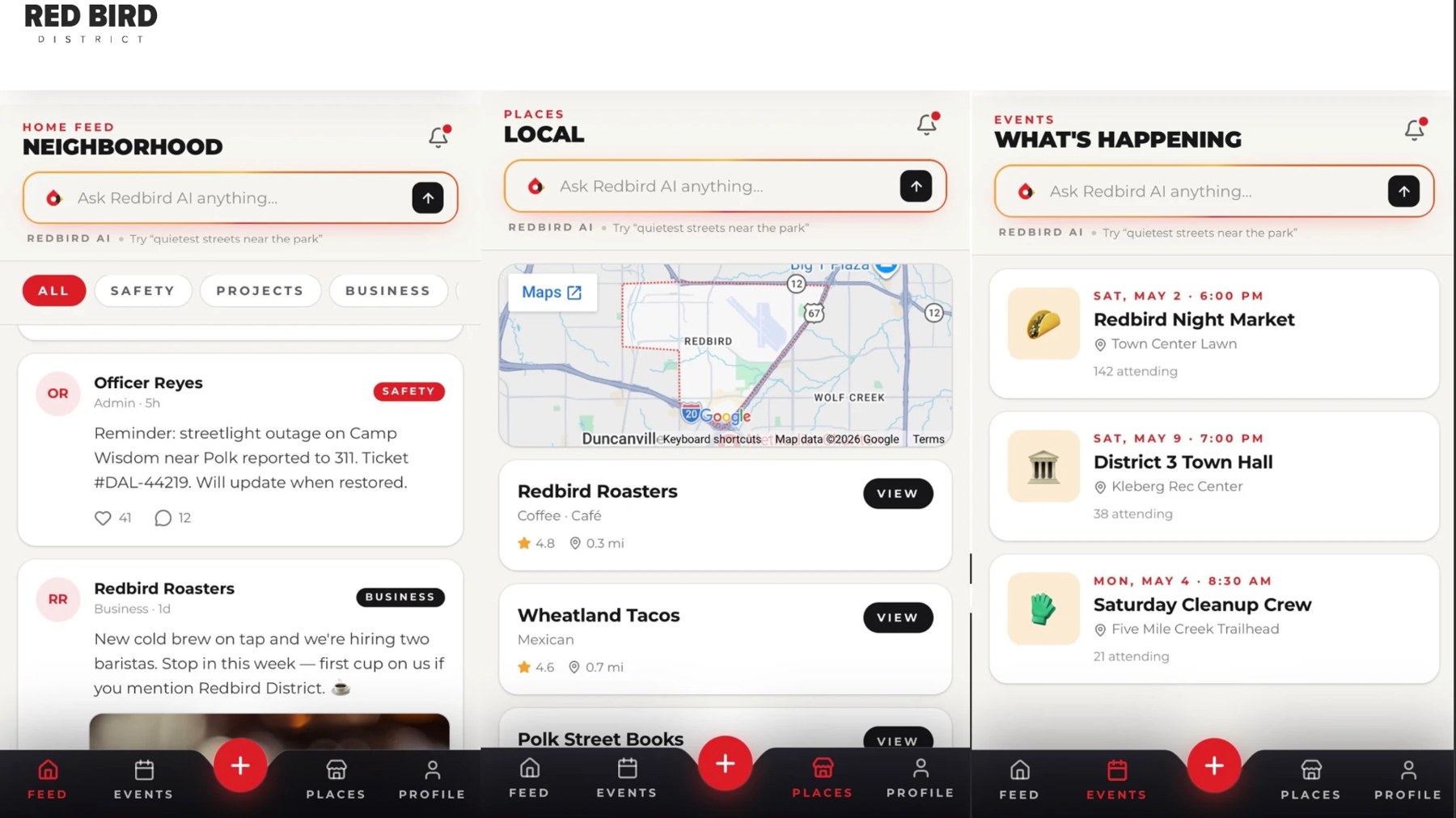 Red Bird PID mobile app screens and brand in digital UI