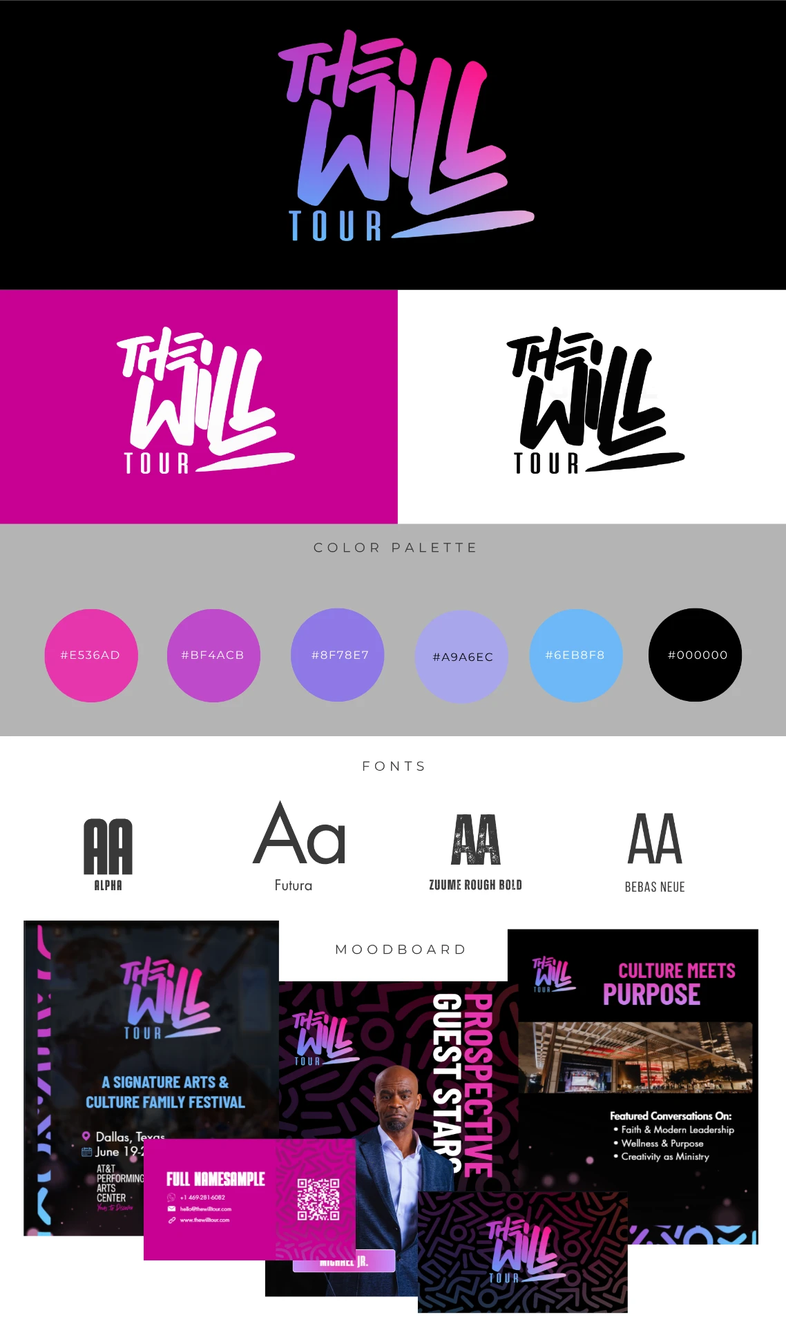 The Will Tour brand kit with gradient logo, palette, and moodboard