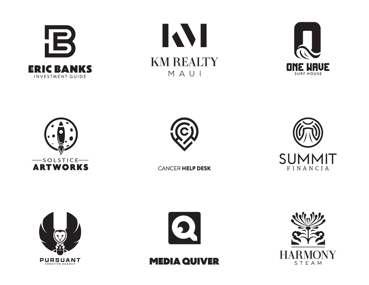 Logofolio page two — Eric Banks, KM Realty Maui, One Wave Surf House, Solstice Artworks, Cancer Help Desk, Summit Financia, Pursuant, Media Quiver, Harmony Steam