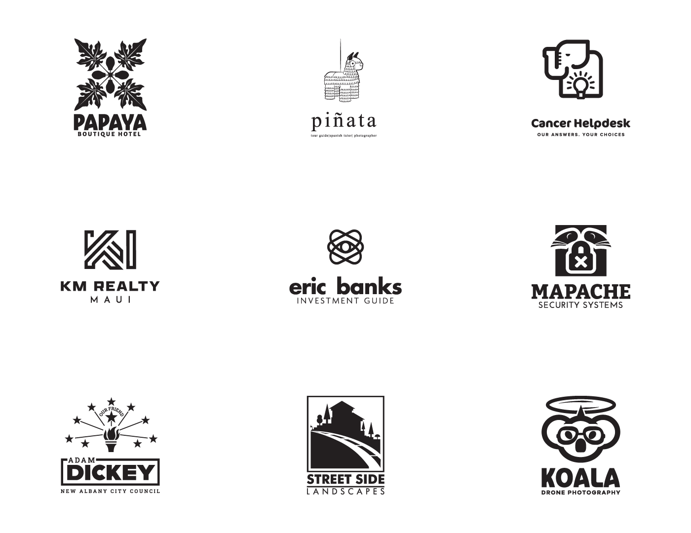 Logofolio page five — Papaya Boutique Hotel, Piñata, Cancer Helpdesk, KM Realty Maui, Eric Banks, Mapache Security Systems, Adam Dickey, Street Side Landscapes, Koala Drone Photography