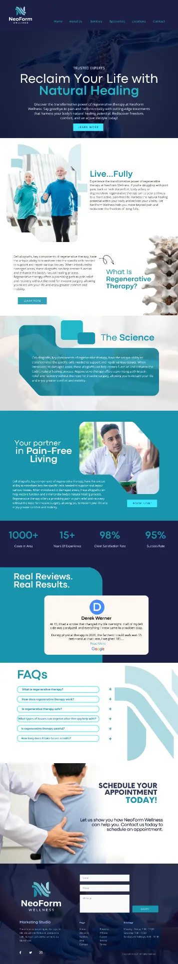NeoForm Wellness website design with hero, stats, and FAQ sections