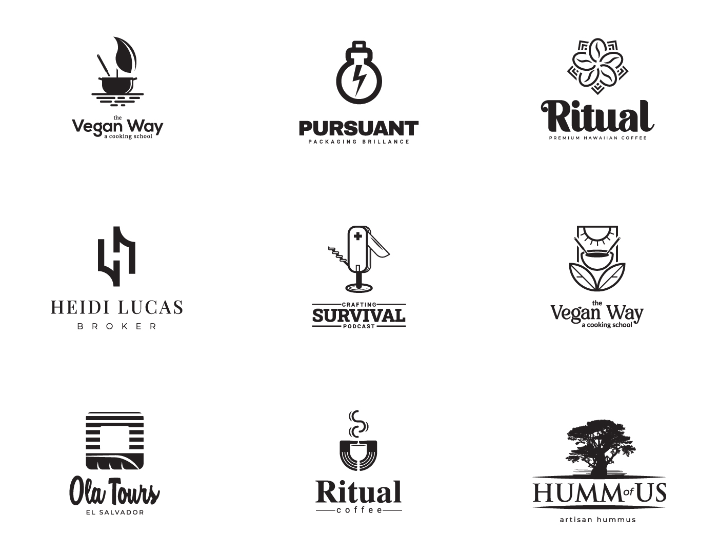 Logofolio page six — The Vegan Way, Pursuant Packaging, Ritual Coffee, Heidi Lucas Broker, Crafting Survival Podcast, Ola Tours El Salvador, Humm of Us