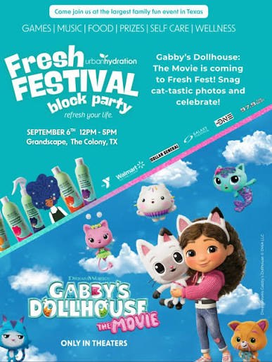 Fresh Festival block party flyer with Urban Hydration and Gabby's Dollhouse