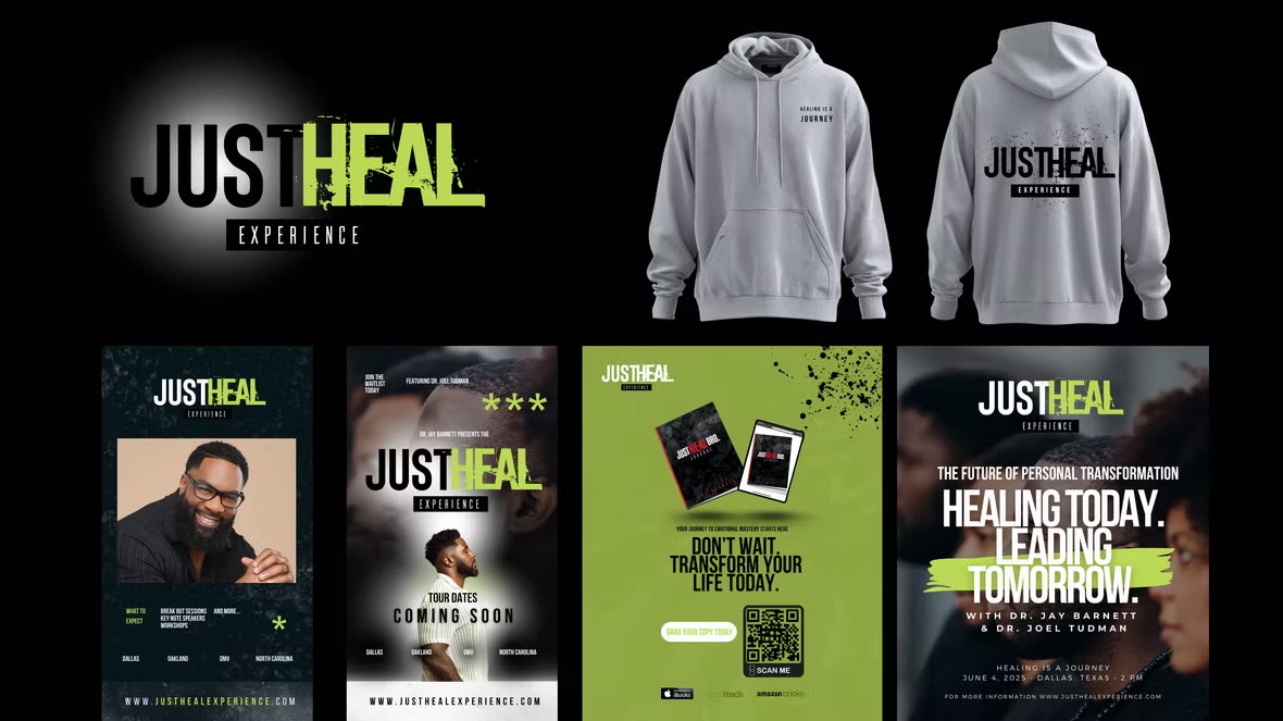 Just Heal Experience brand identity system and merchandise
