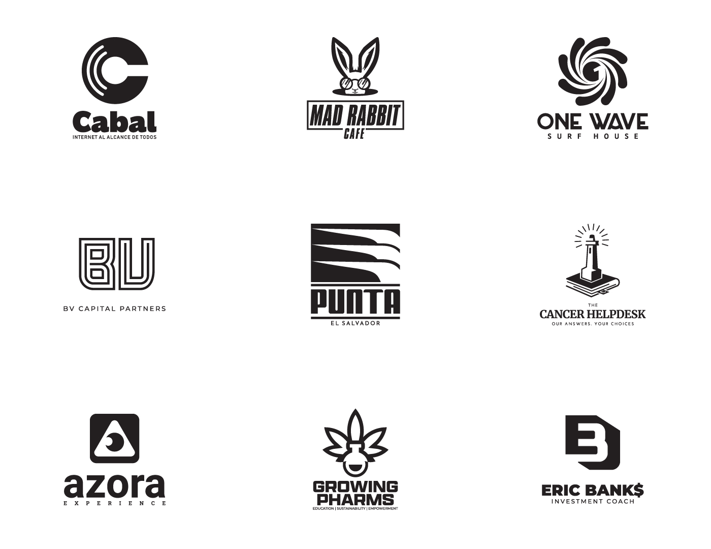 Logofolio page four — Cabal, Mad Rabbit Cafe, One Wave Surf House, BV Capital Partners, Punta El Salvador, The Cancer Helpdesk, Azora Experience, Growing Pharms, Eric Banks