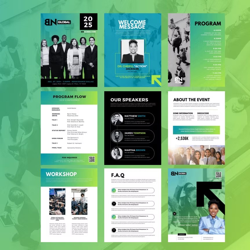 BN Global 2025 event program layout with speaker and agenda pages