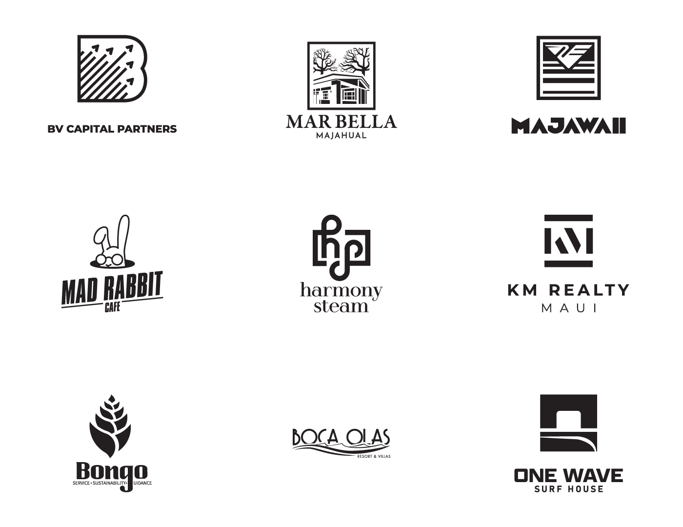 Logofolio page three — BV Capital Partners, Mar Bella Majahual, Majawaii, Mad Rabbit Cafe, Harmony Steam, KM Realty Maui, Bongo, Boca Olas, One Wave Surf House