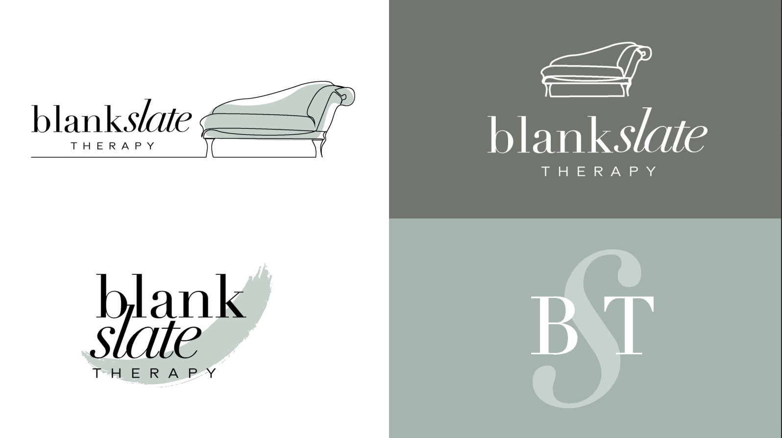 Blank Slate Therapy logo suite across light, sage, and monogram lockups