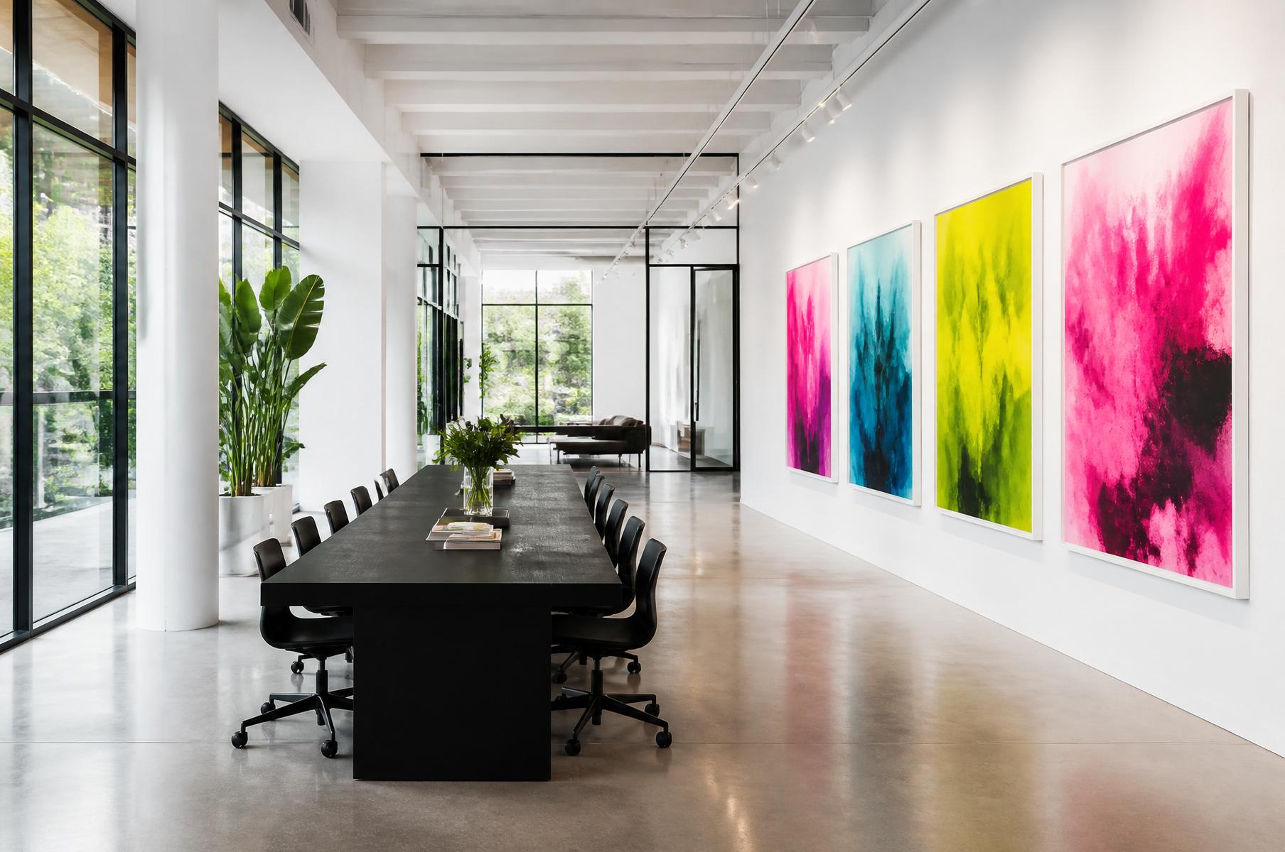 Bright white agency studio with a long black table and large abstract prints in magenta, cyan and lime